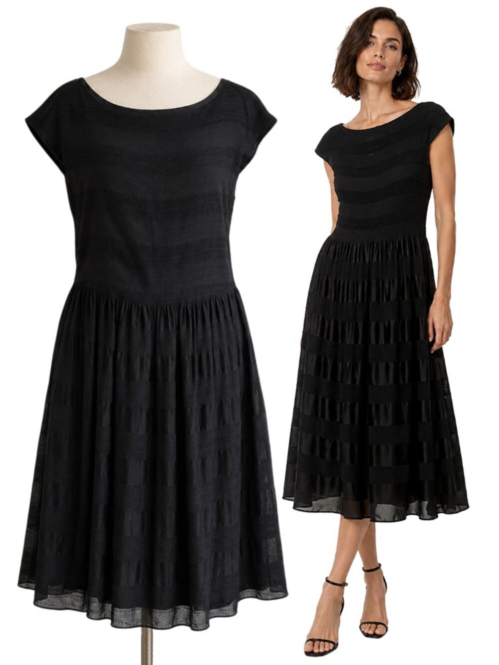 Max Studio Black Sheer Stripe Fit & Flare Midi Dress Size L Cocktail